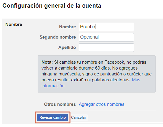 Pasos a seguir para colocar un solo nombre en Facebook. Paso 4
