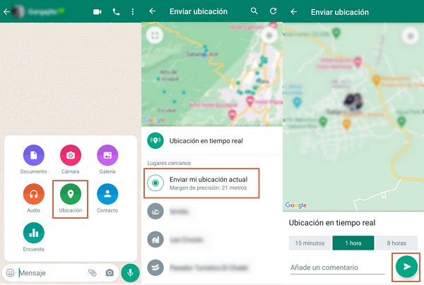 como compartir tu ubicacion en whatsapp paso 2 3 4 y 5