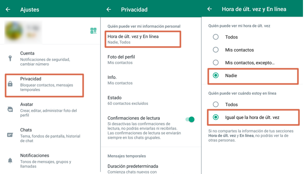 como ocultar el en linea en whatsapp desde android paso 3