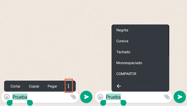 como poner negritas cursiva tachado y monoespaciado en whatsapp con el menu desplegable del chat