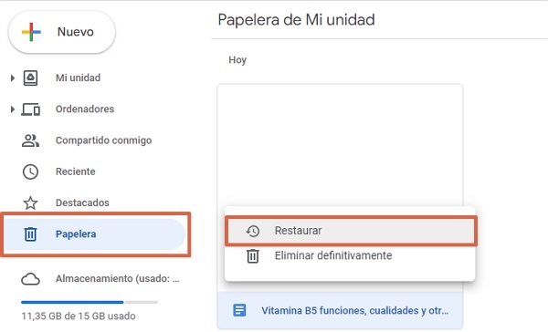 como recuperar carpeta o archivo eliminado de google drive desde la papelera